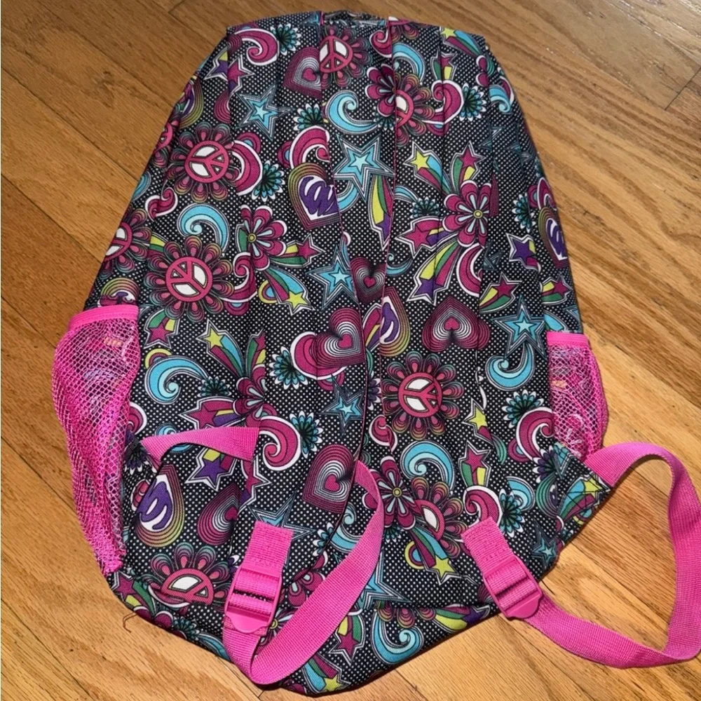 Sketchers Backpack Double Zip Multi Color Peace Signs Hearts Rainbows and Stars